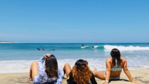 Surfer girls are watching other surfers